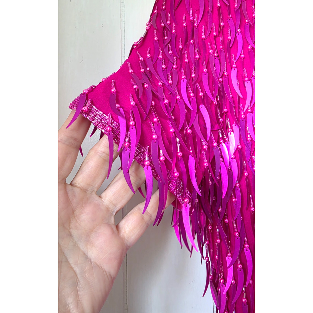 AJ Bari Silk Hot Pink Cattail Sequin Beaded Fringe Vintage Trophy Sheath Dress 6 - Picture 5 of 15